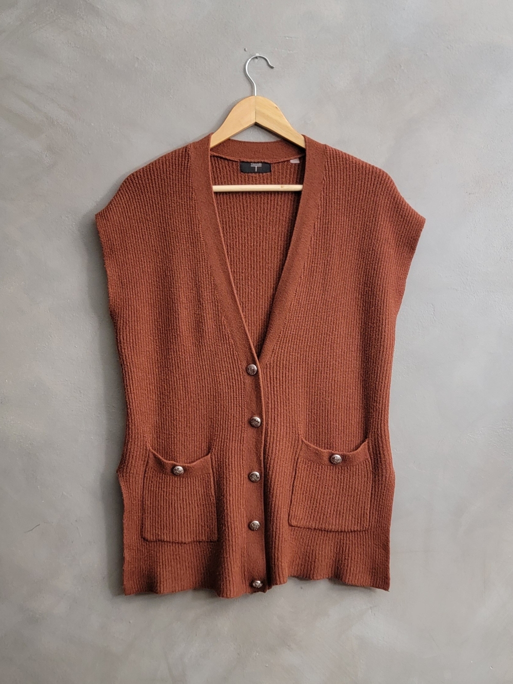 Tahari Rust Brown Knit Button-Front Sleeveless Cardigan
